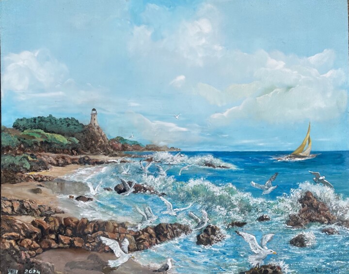 Malerei mit dem Titel "La plage aux mouett…" von Jacques Moncho (Art d'antan), Original-Kunstwerk, Öl Auf Keilrahmen aus Hol…