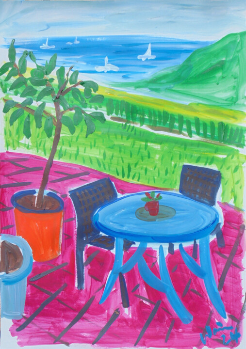 Patio Table with Sea View 绘画, 23.2x16.5 in