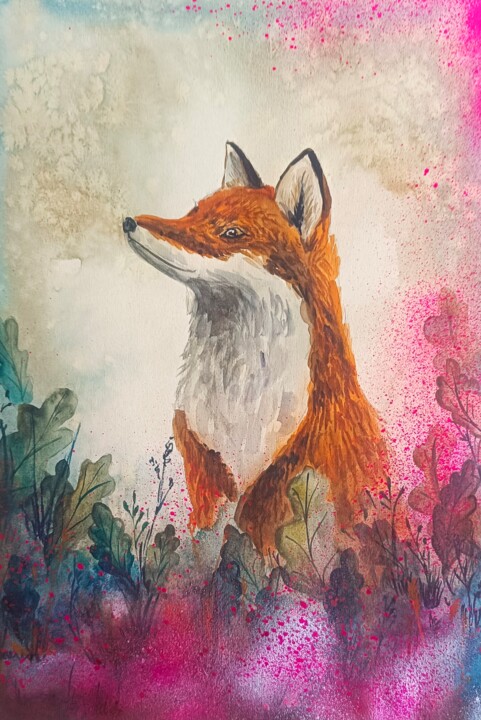 La Volpe. Acquarello e Vernice Spray 绘画, 16.5x11.7 in