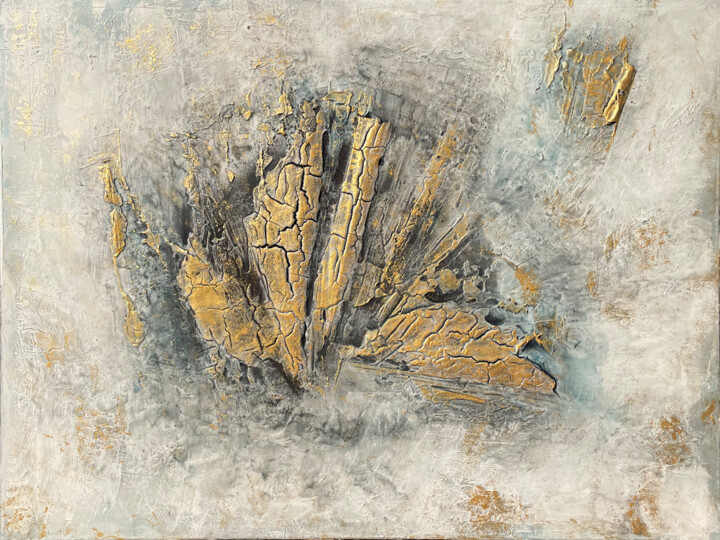 Schilderij getiteld "Astral Gold" door Brychtova Art, Origineel Kunstwerk, Acryl Gemonteerd op Frame voor houten brancard