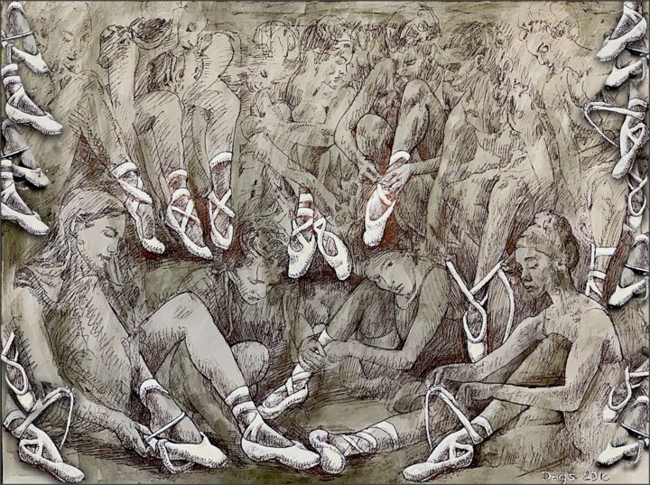 Dessin intitulée "POINTE SHOES" par Dags Vidulejs, Œuvre d'art originale, Encre