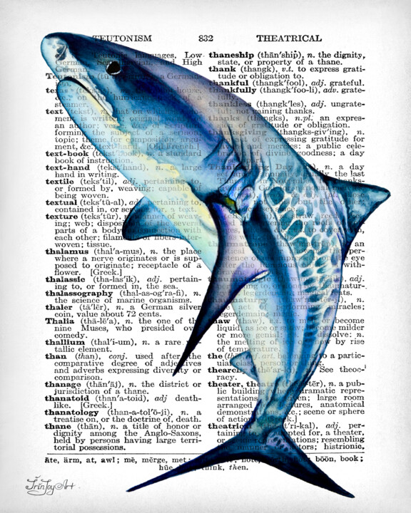 Great white shark Tiger Ocean whale shark poster, Dictionary 绘画, 10x8 in