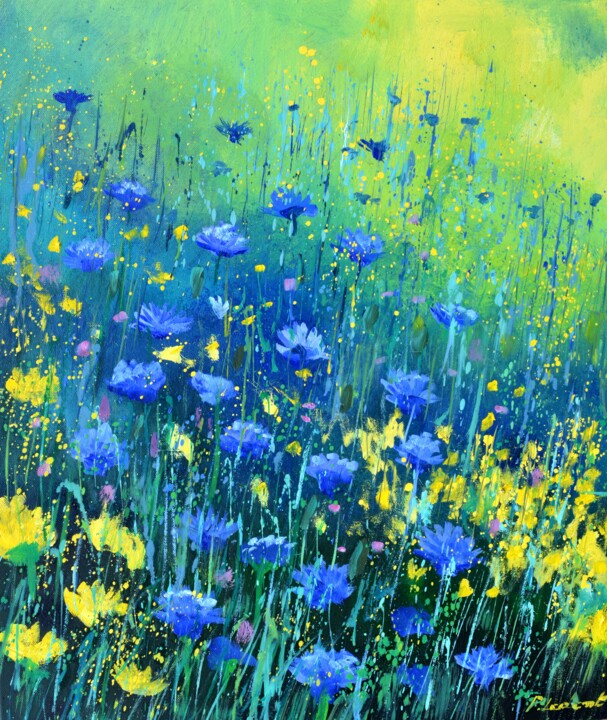 Blue and yellow wild flowers 绘画, 23.6x19.7 in