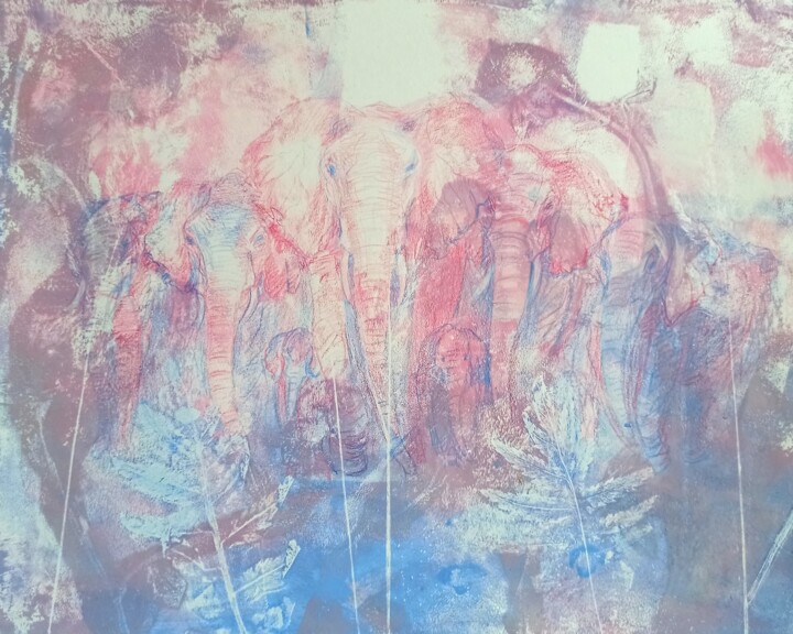 Pink and Blue Elephants 绘画, 11.2x14.2 in