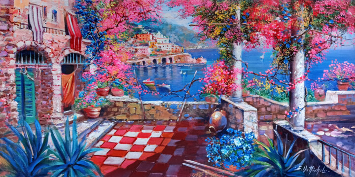 Pintura intitulada "Flowering on the co…" por Ernesto De Michele, Obras de arte originais, Óleo Montado em Armação em madeira