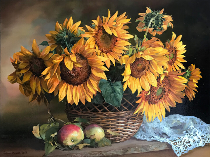 Sunflowers in a basket 绘画, 17.7x23.6 in