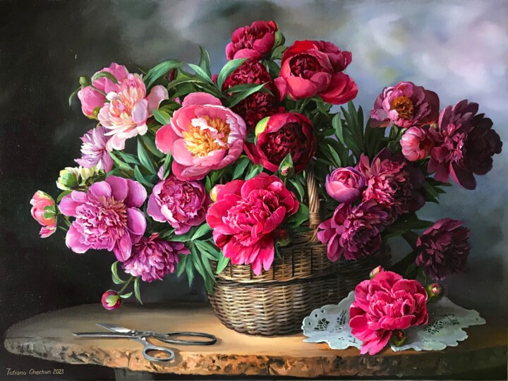 Painting titled "Peonies and scissors" by Tatjana Cechun, Original Artwork, Oil