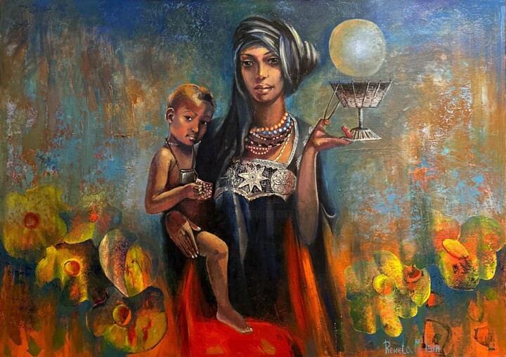 African Woman and Child Pintura, 39,4x55,1 in