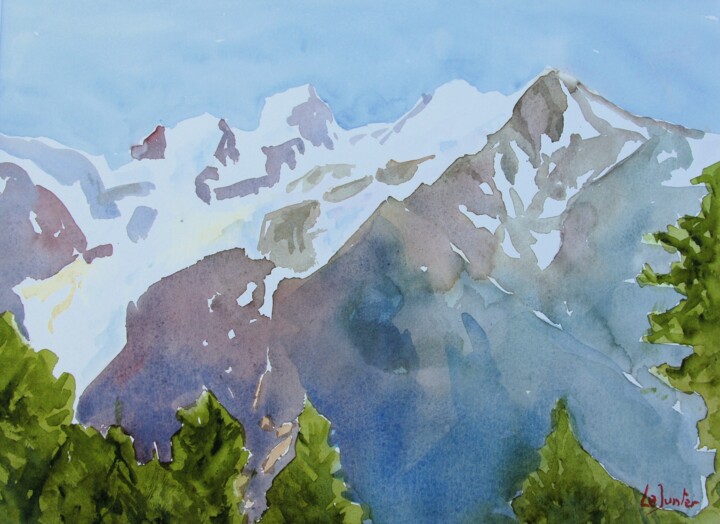 Peinture intitulée "Le massif du Mont-B…" par Jean-Noël Le Junter, Œuvre d'art originale, Aquarelle Monté sur Panneau de bois