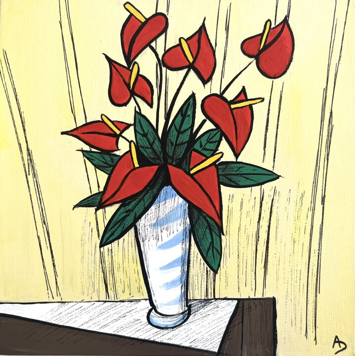 Copie « Anthuriums dans un vase » de Bernard Buffet 绘画, 7.9x7.9 in