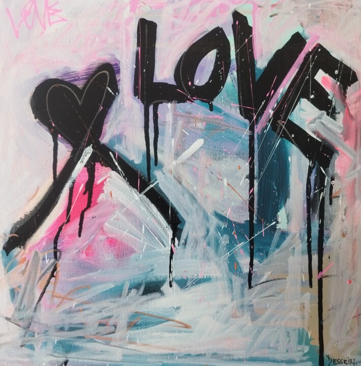 Painting titled "LoVe" by Delphine Dessein, Original Artwork, Acrylic Mounted on Wood Stretcher frame
