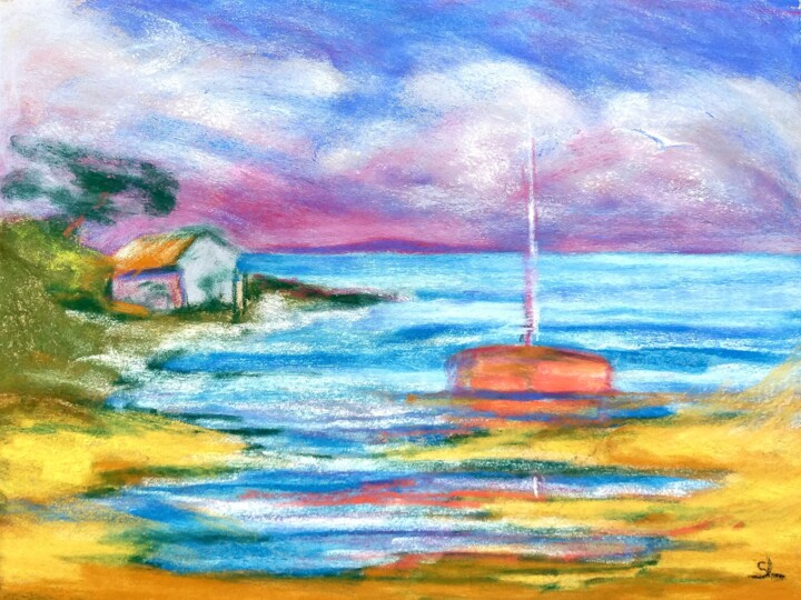 Paysage de Bretagne, Pornic France, bateau rouge bord de mer Painting, 9.5x12.6 in