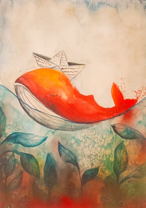 Red whale 绘画, 16.5x11.7 in
