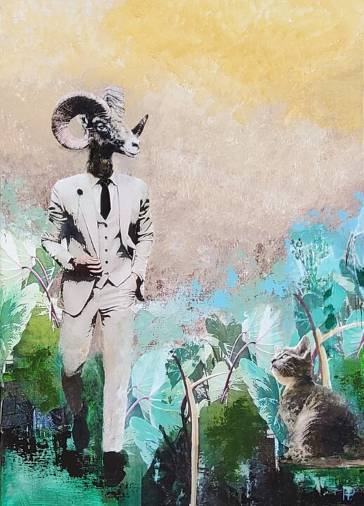 Painting titled "The goat, his suit…" by Hanneke Pereboom, Original Artwork, Acrylic Mounted on Wood Stretcher frame