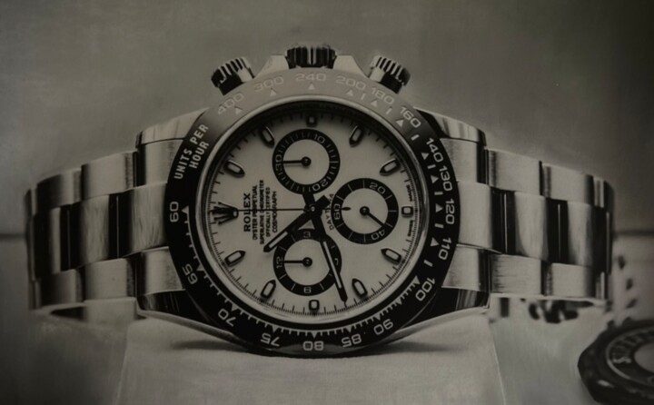 Drawing titled "Rolex Daytona" by Marine Tassou, Original Artwork, Pastel Mounted on Wood Stretcher frame