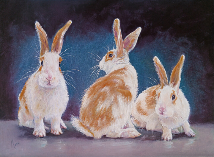 Malerei mit dem Titel "🐇 3 petits Lapins 🐇…" von Isabel Mahe, Original-Kunstwerk, Öl Auf Karton montiert