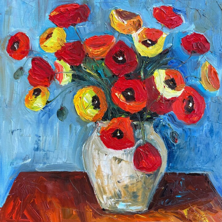 Painting titled "Vase with poppy flo…" by Irina Anis, Original Artwork, Oil Mounted on Wood Stretcher frame