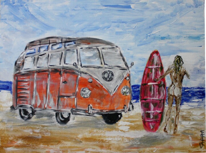 surfeuse nue en vw 绘画, 9.5x12.6 in