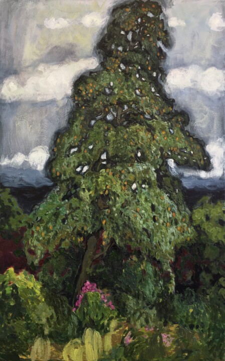 Painting titled "''Pear tree''." by Raffi Ghazaryan, Original Artwork, Oil Mounted on Wood Stretcher frame