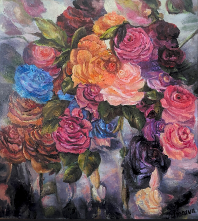 Peinture intitulée "Bouquet de roses" par Lola Jumaeva Novikova, Œuvre d'art originale, Huile