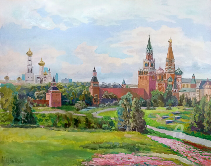 Pittura intitolato "Вид на Кремль из па…" da Nadezhda Tsvetkova, Opera d'arte originale, Olio Montato su Cartone