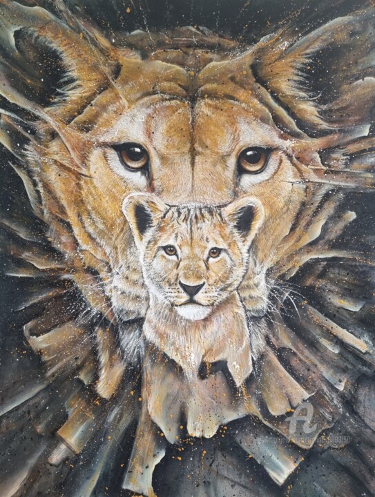 La lionne et son lionceau 绘画, 45.7x35 in