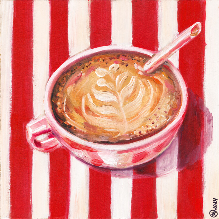 Pintura titulada ""Retro Coffee Bliss"" por Oksana Shevchenko, Obra de arte original, Oleo