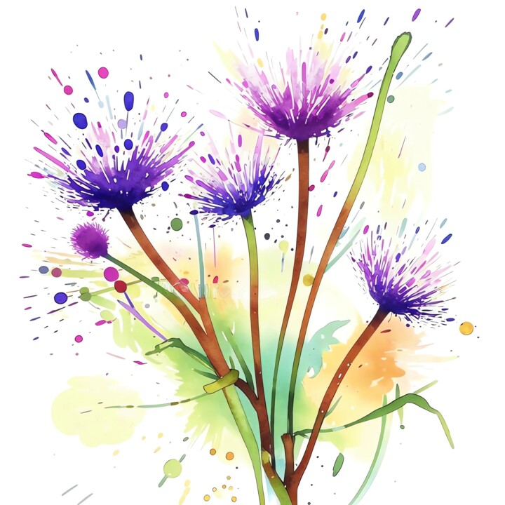 Geometric Chicory Blooms - Abstract Watercolor Poster 数字艺术