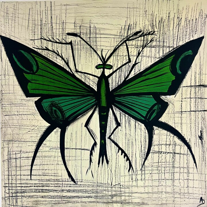 Copie de « Papillon vert » de Bernard Buffet 绘画, 7.9x7.9 in