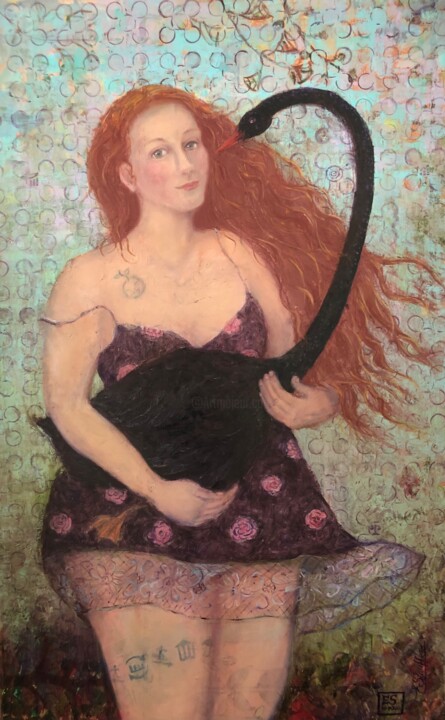 Leda with the happy black swan Tablo, 45,7x28,4 in