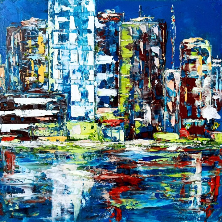Night City Landscape Abstract Evening City View Original Oil Painting, 10x10 in