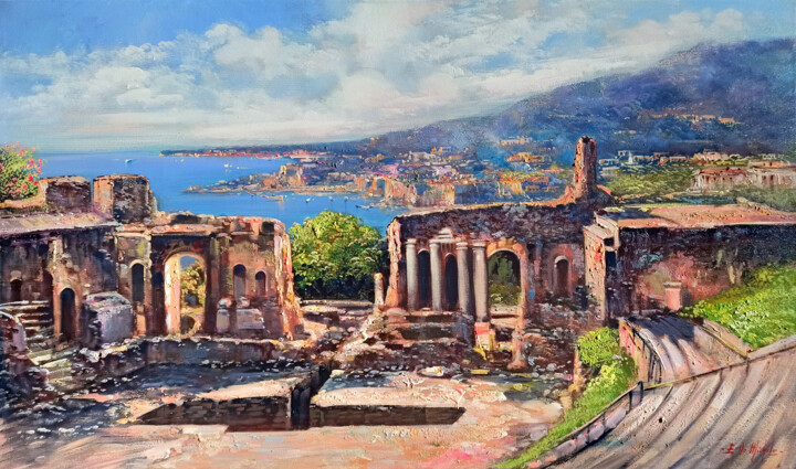 Pintura intitulada "Taormina panorama -…" por Ernesto De Michele, Obras de arte originais, Óleo Montado em Armação em madeira