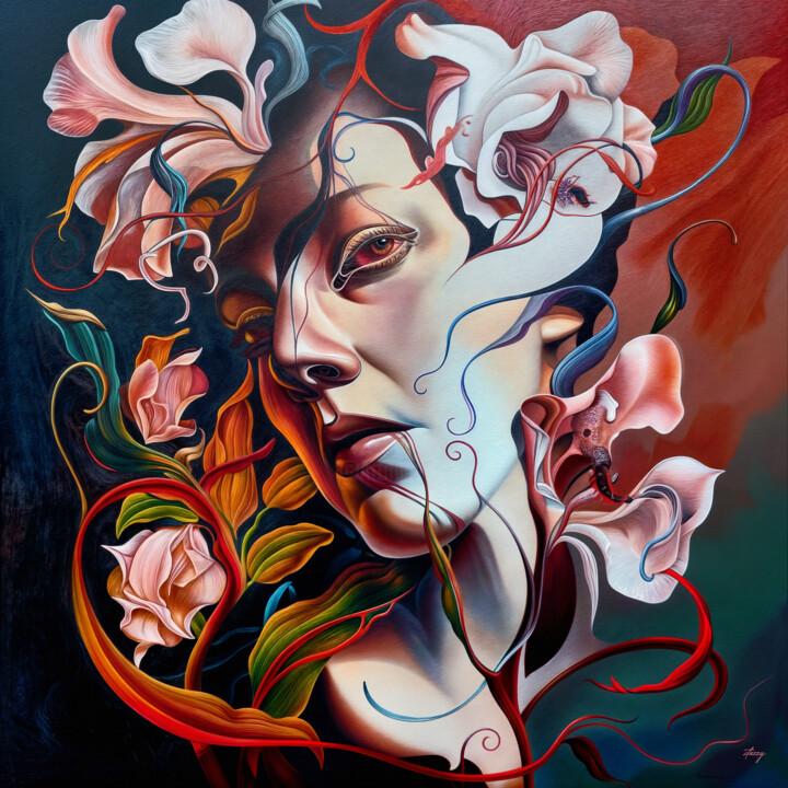 "PETAL VEIL" - VIVID COLORS, SURREAL, FLOWER, FACE 印花与版画, 23.6x23.6 in