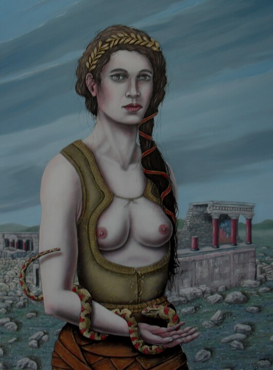 Peinture intitulée "Snake Goddess Knoss…" par Uko Post, Œuvre d'art originale, Huile Monté sur Panneau de bois