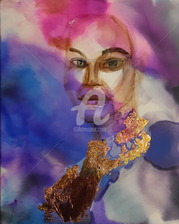 Portrait of a WOMAN in lila, blau und Gold Painting, 23.6x19.7 in