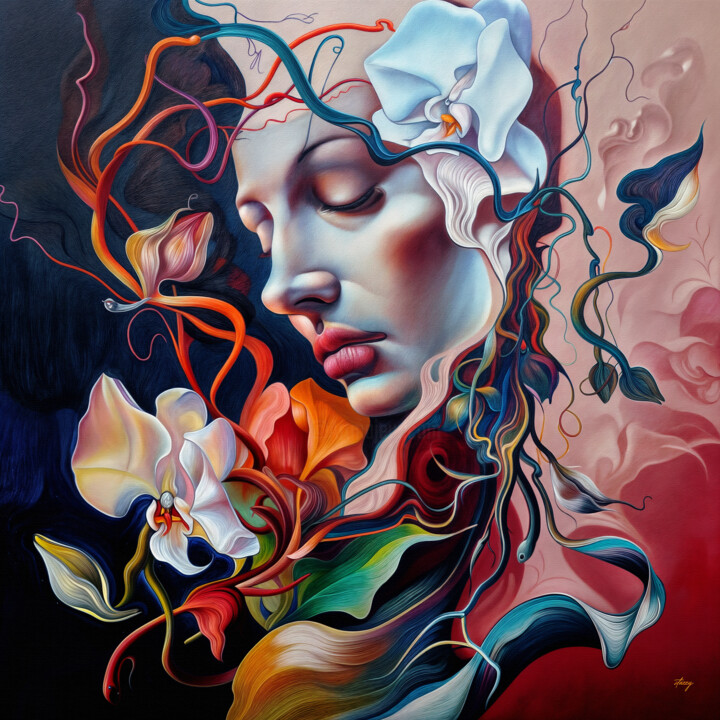 "SERENE BLOSSOMS" - VIVID COLORS, SURREAL, FLOWER, FACE 印花与版画, 23.6x23.6 in