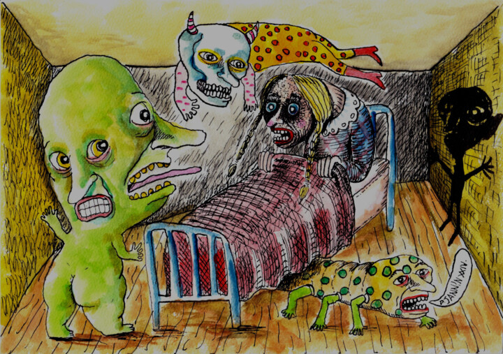 Tekening getiteld "La nuit, Lucie crie" door Patrick Jannin, Origineel Kunstwerk, Inkt