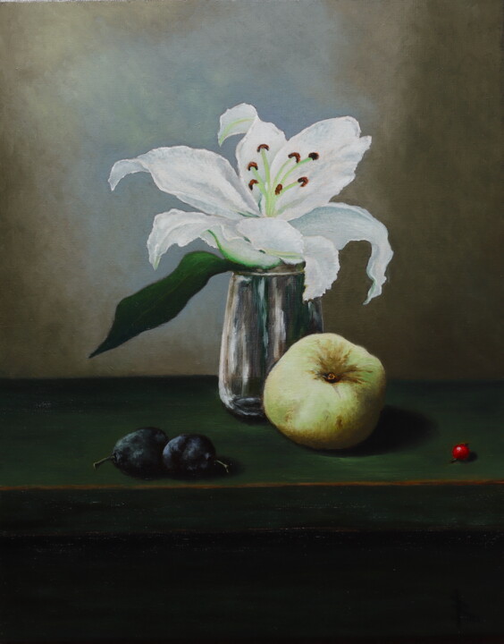 Painting titled "Lily and Apple" by Oleg Baulin, Original Artwork, Oil Mounted on Wood Stretcher frame