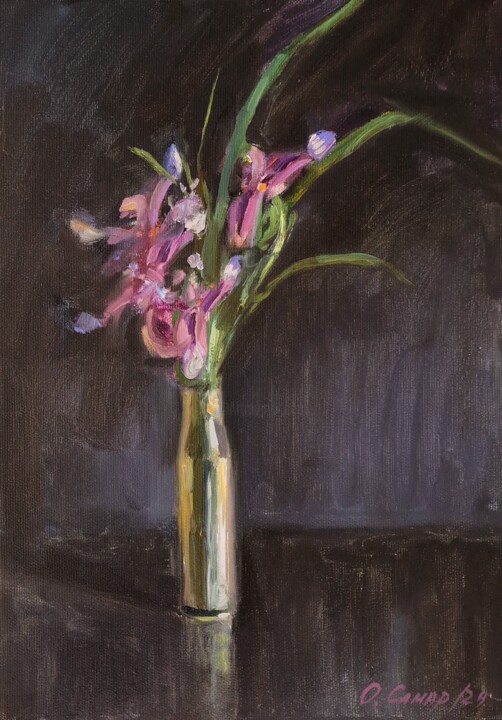 Painting titled "Гильза. Ирисы." by Olga Samar, Original Artwork, Oil
