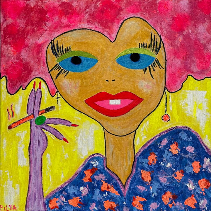 「Red lipstick」というタイトルの絵画 Katya Pilyaによって, オリジナルのアートワーク, オイル ウッドストレッチャーフレームにマウント