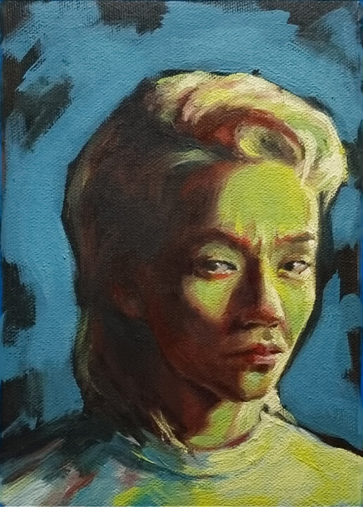 Oil portrait 0423-05 // young man in neon colors 绘画, 8.3x5.9 in