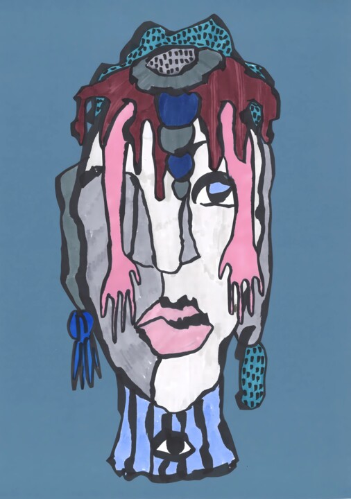 Collages intitulée "Veil of Thoughts" par Sofi Ginger, Œuvre d'art originale, Marqueur
