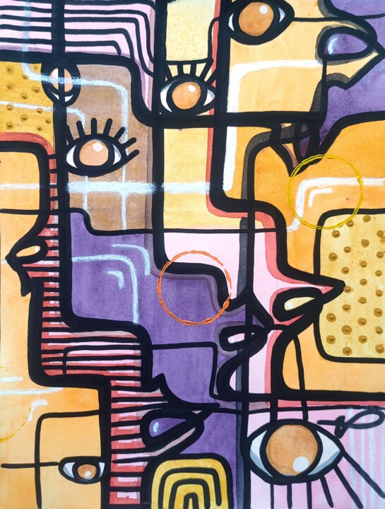 Painting titled "So many faces" by Ulisses Pereira, Original Artwork, Watercolor