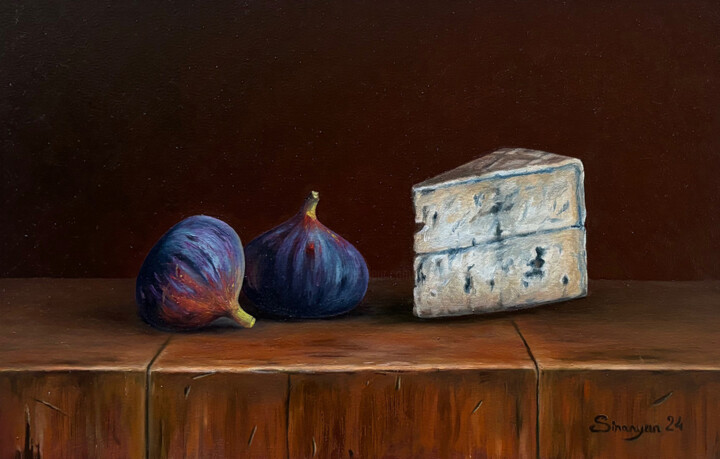 Картина под названием "Figs with Blue Chee…" - Gevorg Sinanyan, Подлинное произведение искусства, Масло Установлен на Деревя…