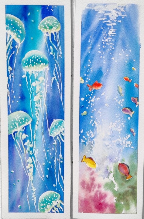 Watercolor sea creatures ( bookmarks) 그림, 9.1x3 in