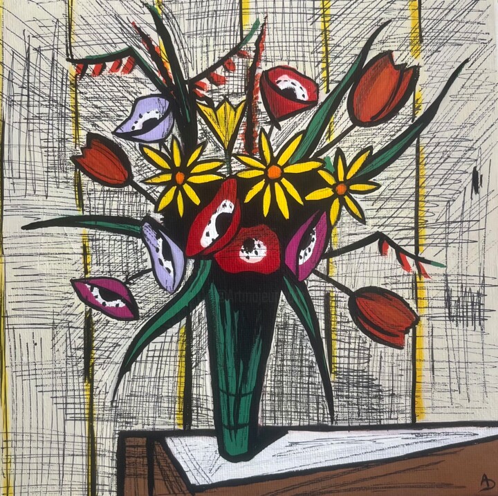 Copie de « Anémones et tulipes » de Bernard Buffet 绘画, 7.9x7.9 in