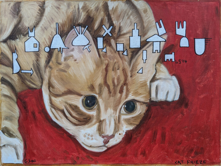 Painting titled "Cat Frieze" by Gerald Shepherd F.F.P.S., Original Artwork, Oil Mounted on Wood Panel
