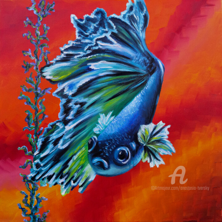 Harvest swim. Vibrant elegance of a blue betta fish 绘画, 18x18 in