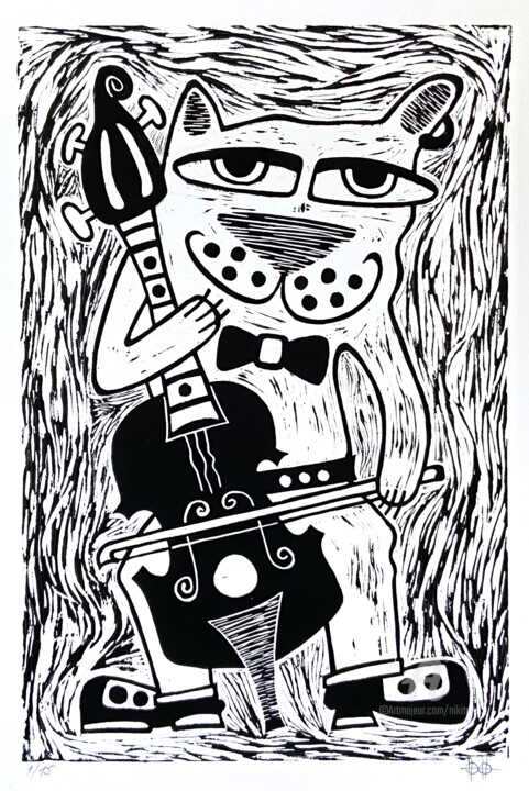 Сat with cello 印花与版画, 15x11 in