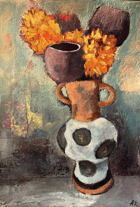 Painting titled "Quirky Vase Floral…" by Lena Ru, Original Artwork, Acrylic